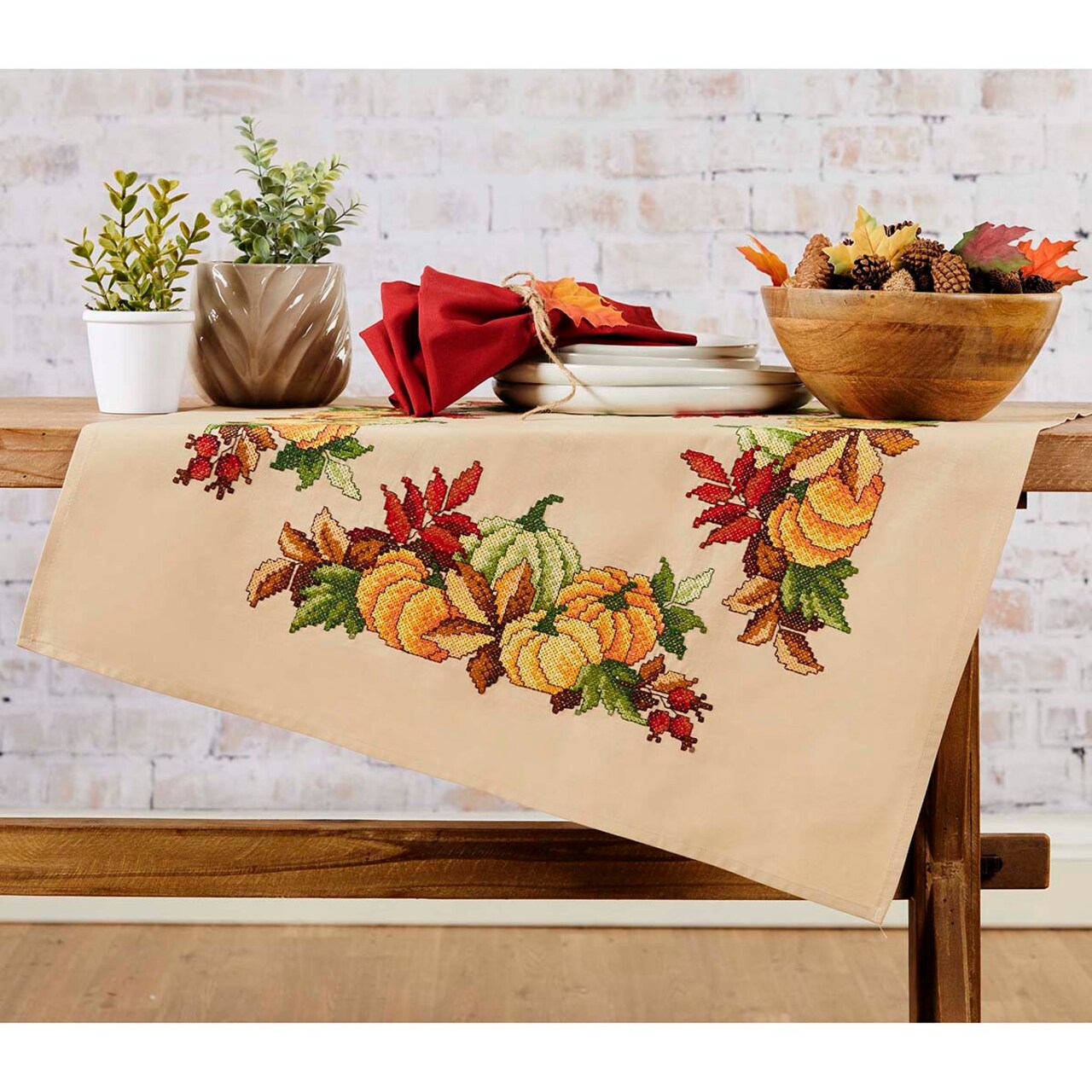 Herrschners Pumpkins & Leaves Table Topper Stamped Cross-Stitch Kit